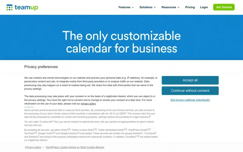 Aperçu de l'interface Teamup Calendar