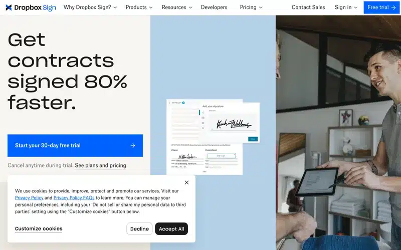 Aperçu de l'interface HelloSign (Dropbox Sign)