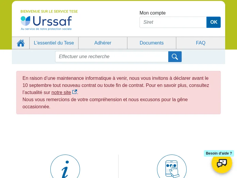 Aperçu de l'interface Tese (Urssaf)