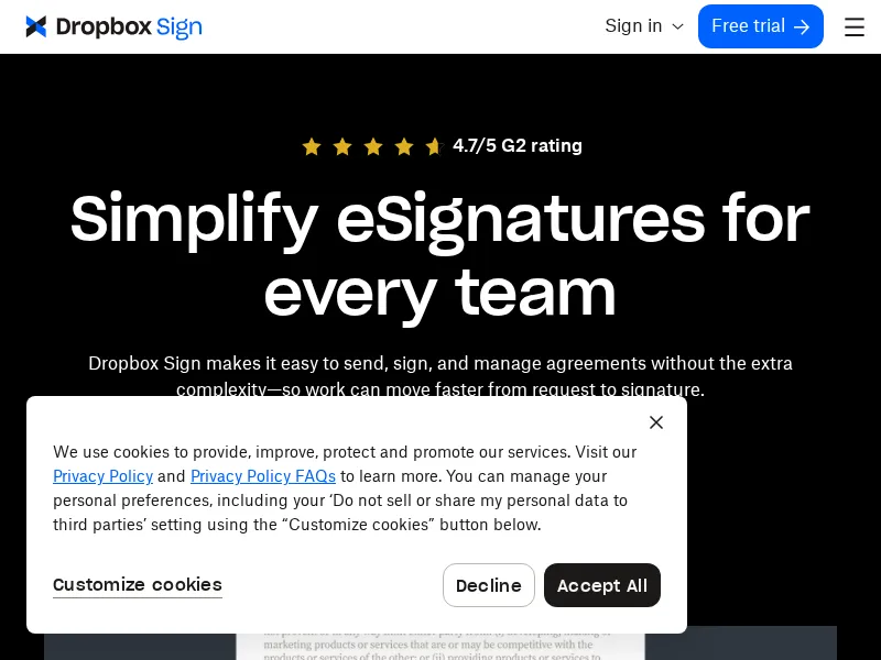 Aperçu de l'interface HelloSign (Dropbox Sign)