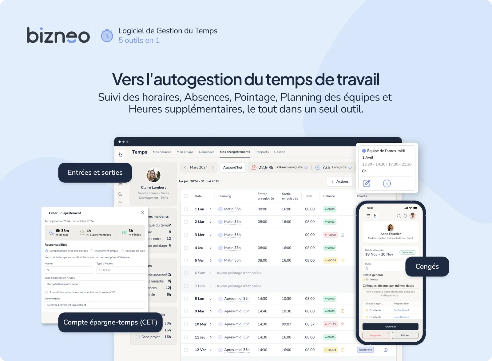 Module de gestion du temps de Bizneo HR : pointage, absences et plannings